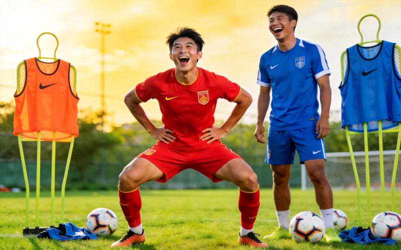 足球趣味图片 - 球员在训练中搞怪模仿队友庆祝动作的欢乐瞬间